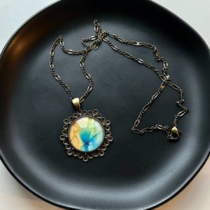 Hand Painted Watercolor Floral Bronz Pendant Necklace Gifts for Her Wearable Art